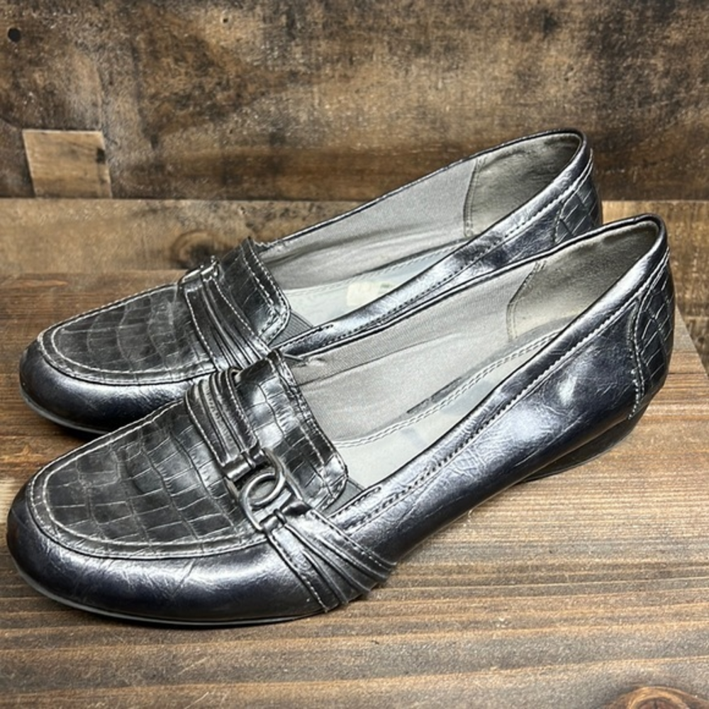 LifeStride Dallas Faux Leather Slip-on Croc Embossed Comfort Loafer Pewter Sz 11